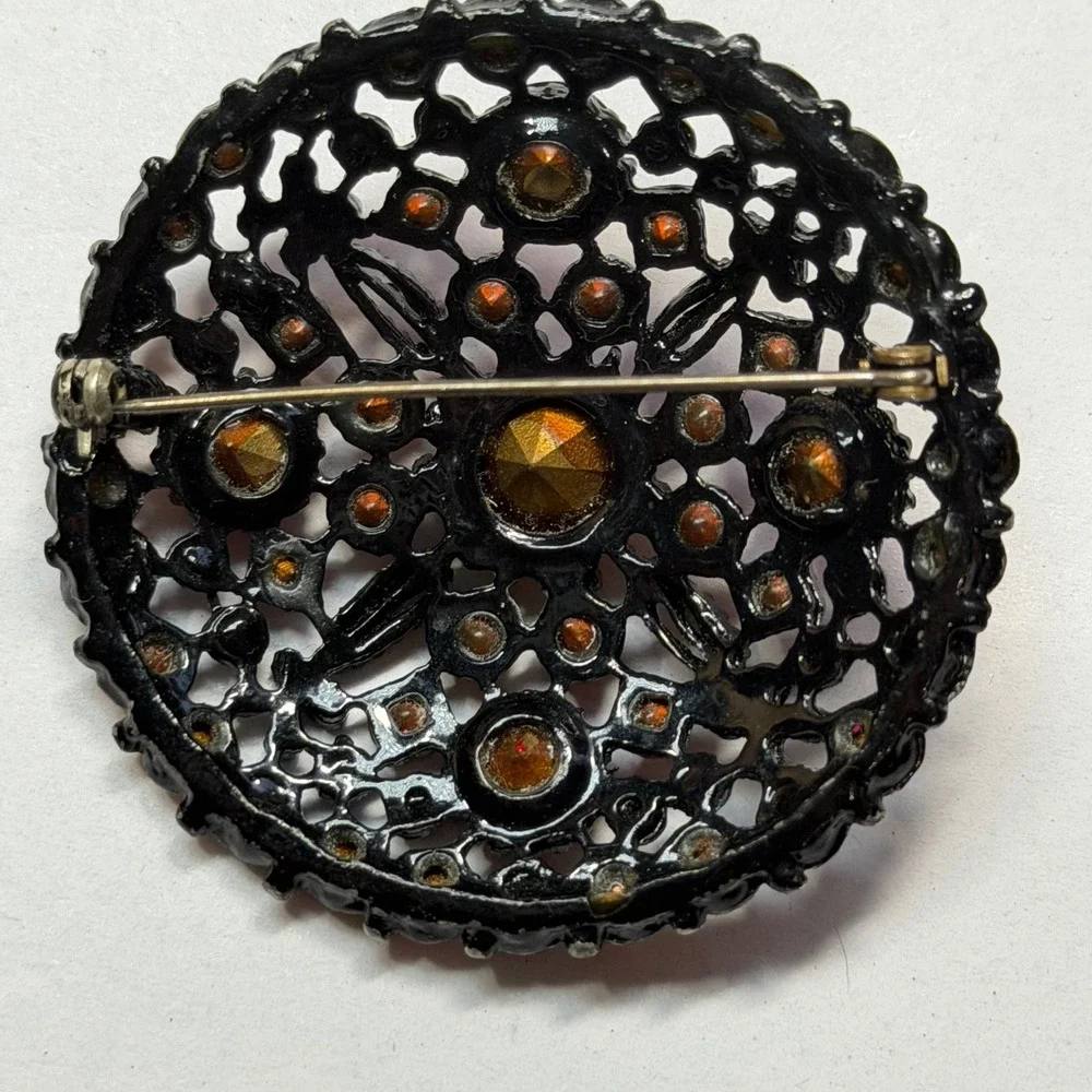 Vintage Black Japanned Style Brooch Matte Red Rhinestones Dark Romantic Pin